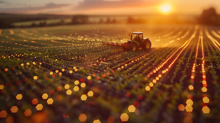 Modern tractors equipped with lights and technology perform precision agriculture in vast green fields at sunset. Aerial view of automated tractors in precision farming. AI Generated