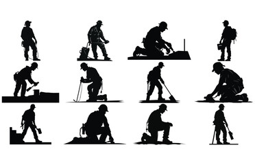 Silhouette Contractor site worker vector illustration, Set contractor worker activity silhouette vector illustration.
