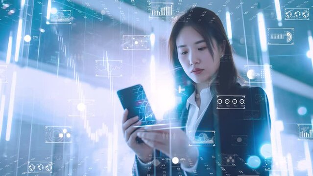 Businesswoman analyzing interactive financial data on futuristic virtual screens. Professional female with glowing data interfaces in a smart office.