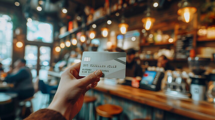 Close up of a hand holding credit card inside a cafe