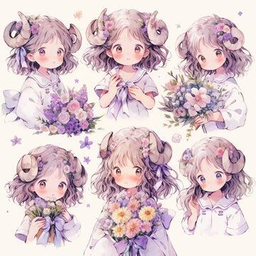 cute illusttrator clipart for little girl of Cancer, zodiacs watercolor