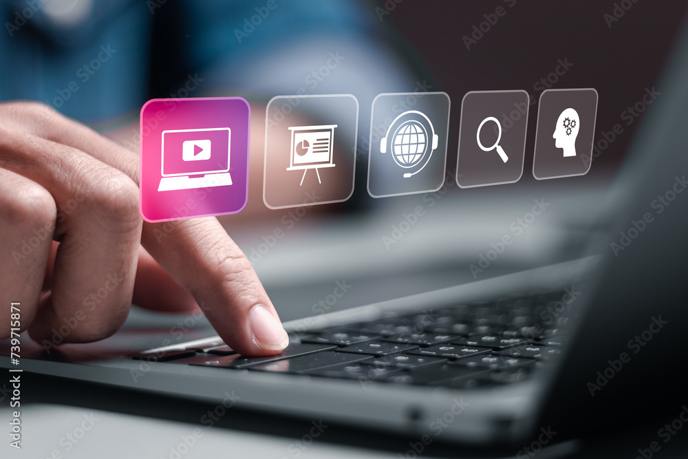 Poster webinar concept. e-learning training business technology, internet conference and web based seminar.