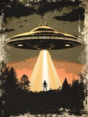 Grunge UFO poster. Retro Art.  Grunge poster depicting Flying Saucer, UFOs, in the style of the 60-70s. Science fiction. AI generated