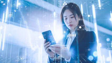 Businesswoman analyzing interactive financial data on futuristic virtual screens. Professional female with glowing data interfaces in a smart office.