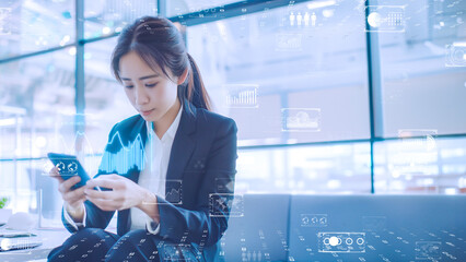 Businesswoman analyzing interactive financial data on futuristic virtual screens. Professional female with glowing data interfaces in a smart office.