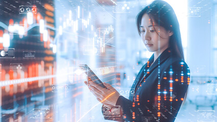 Businesswoman analyzing interactive financial data on futuristic virtual screens. Professional female with glowing data interfaces in a smart office.