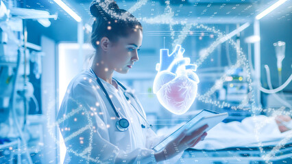 Futuristic doctor analyzing a holographic in a high-tech medical facility.