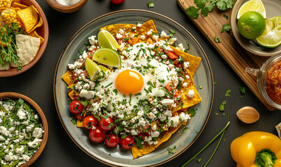 Chilaquiles, Mexican nachos with tomato salsa, chicken and egg close-up on a plate.