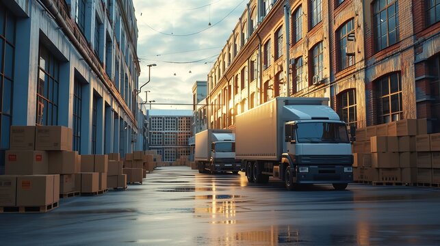 Diverse logistics autos were parked outside the expansive warehouse and space, Generative AI.