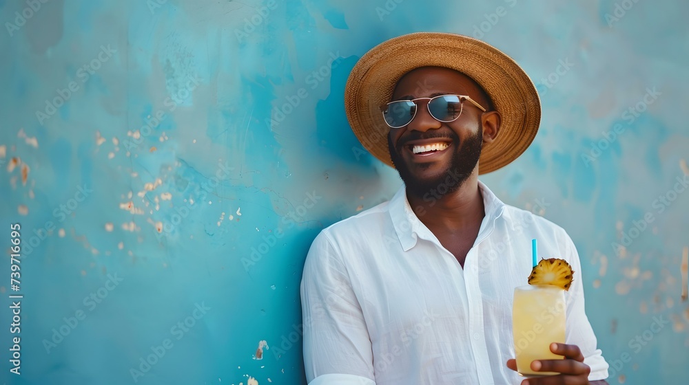 Wall mural Stylish man in hat enjoying a tropical drink, casual summer fashion. portrait with vibrant blue backdrop. perfect for lifestyle blogs. AI