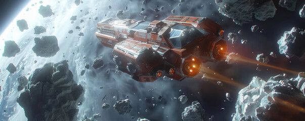 Futuristic mining operation near a black hole extracting cosmic minerals from floating rocks