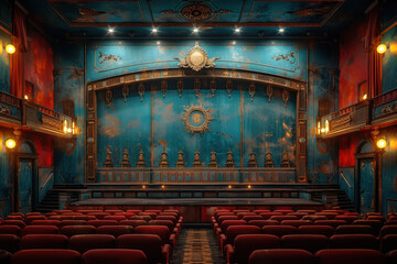 Vintage movie theater scene in 3D a nostalgic background for classic product showcasing