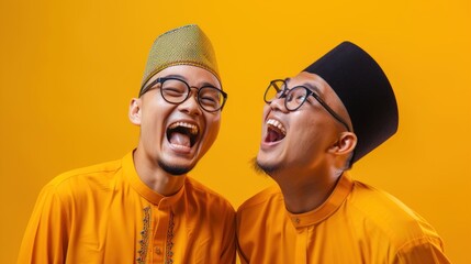 Handsome asian muslim man and muslim man isolated on yellow background - obrazy, fototapety, plakaty