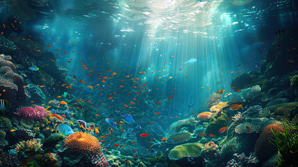 An underwater seascape illuminated by sunbeams filtering through the ocean surface, showcasing a vibrant coral reef teeming with tropical fish.
