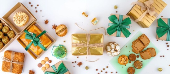 top view of assorted cookies in gift box on white background with copy space