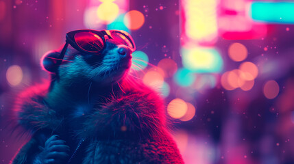 Fashionista ferret in a faux fur stole, wearing oversized sunglasses, amidst a bustling city backdrop, lit with twinkling city lights, exuding urban glamour and style