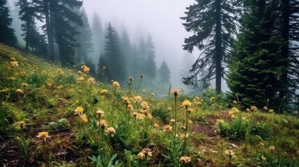 Obraz na płótnie Canvas flowers in foggy forest