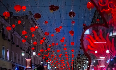 Chinese New Year. Red Chinese lanterns. Evening festive illumination