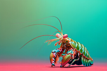 Mantis Shrimp on reddish green background copy space