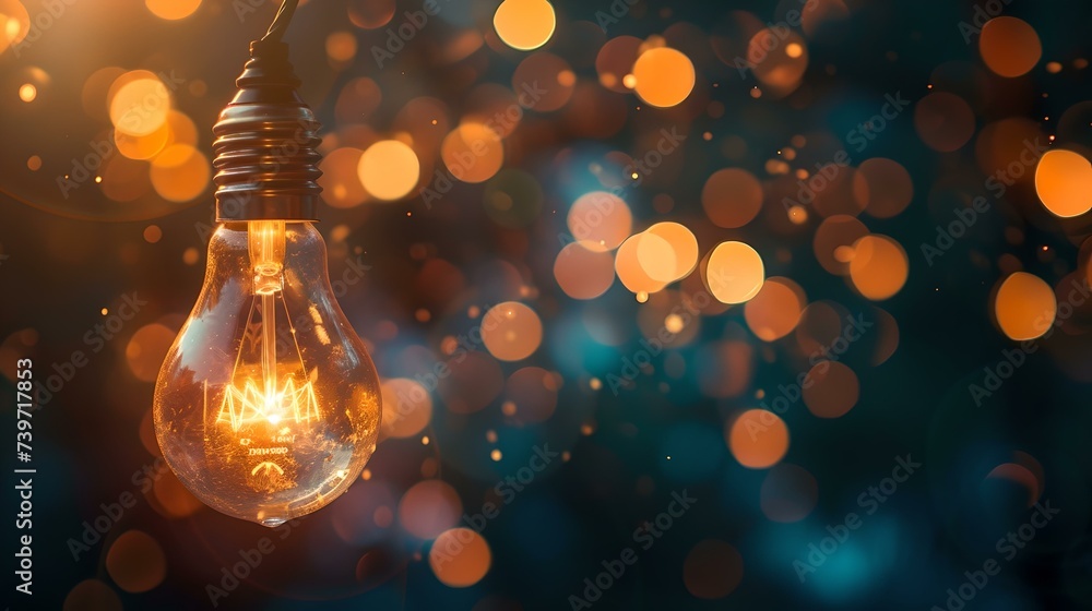 Poster glowing filament bulb amidst sparkling bokeh, idea and innovation concept with soft lighting. contem