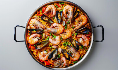 Typical spanish seafood paella in traditional pan. flat lay, copy space - Powered by Adobe