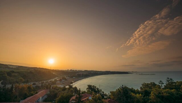 Sunrise View Timelapse Above Mediterranean Coast Of Antalya And Alanya. Travel To Turkey. Turkish Riviera Or Turquoise Coast. Popular Touristic Coastline. Favorable Climate, Warm Sea, Mountainous.