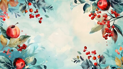 Obraz na płótnie Canvas Elegant watercolor floral background with red apples and berries. handpainted botanical wallpaper design, perfect for invitations. AI