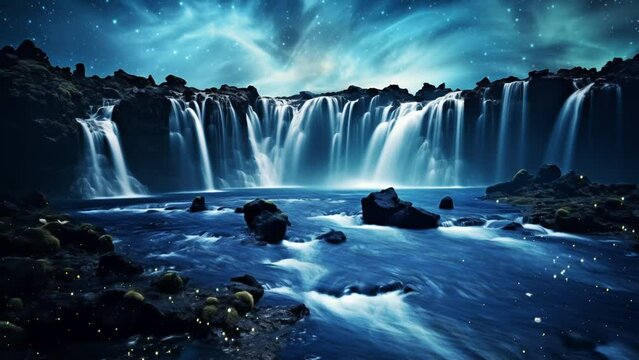 beautiful nature background with waterfall and sky. a breathtaking astrophotography image of a stellar. seamless looping overlay 4k virtual video animation background 