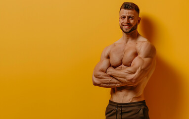 bodybuilder man on solid color background. gym or health concept. Space for text