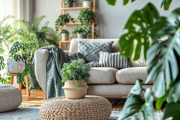 Living room with green house plants,Living room interior room wall mockup in warm tones,cozy modern living room interior.