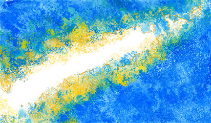Fototapeta na wymiar Pastel blue, gold, watercolor background with golden lines and brush strokes. The effect of painting with watercolor. Vector illustration background, abstract background