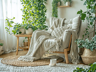 Living room with green house plants,Living room interior room wall mockup in warm tones,cozy modern living room interior.