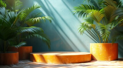 Obraz premium summer podium sale with coconut tree shadow tropica