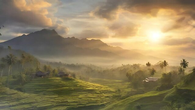 Animated background of wonderful village, sunrise in the mountains. Nature motion background.