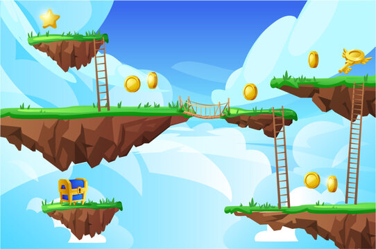 3D island game. Vector map of an arcade level with floating islands on a background of clouds.