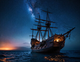 pirate ship in the sea at sunset