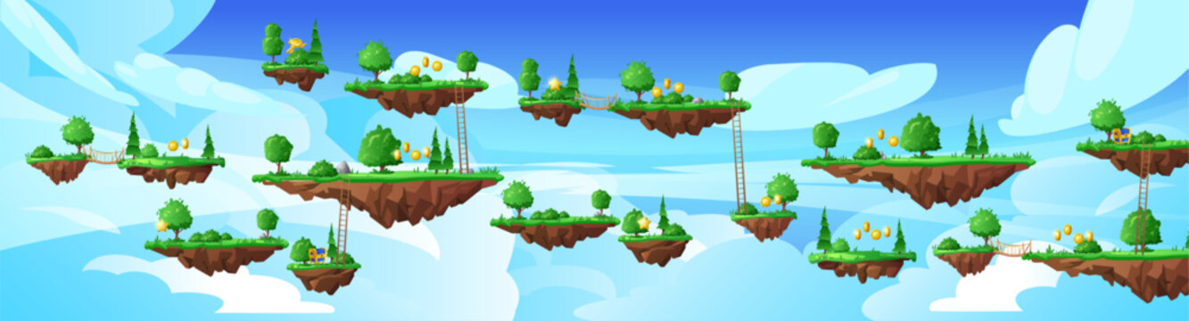 Game world with Level platforms, summer forest land islands floating in the sky, vector fantasy reward coins, chest, key