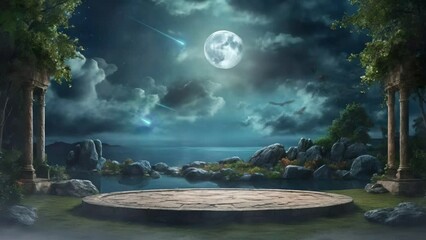 Stone podium in a beautiful night with stars and moonlight motion background. Animated background.