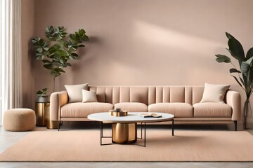 Interior design of living room beige sofa, leaf in vase, pouf, elegant accessories and boucle rug and Beige wall