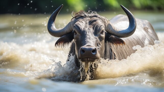 Tranquil rural scenes capture the image of water buffaloes playing in water, reflecting the serene and peaceful essence of countryside life.
