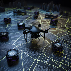 High-Tech FW Drones Displayed Over Digitized Geolocation Map: Advanced Surveillance and Tracking Technology
