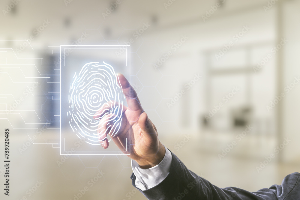 Aufkleber man hand working with abstract virtual fingerprint hologram on blurred office background. multiexpos