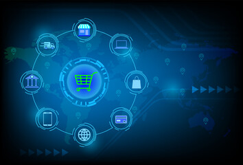 Online shopping digital marketing technology icon on world map futuristic digital innovation background. E-commerce concept 
