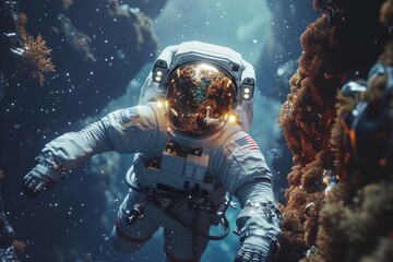 A realistic depiction of an astronaut in a space suit floating near a cosmic coral reef with Earth reflected in the helmet.