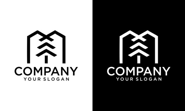 Creative linear Letter M Pine Tree Logo Design Vector Icon Graphic Emblem Illustration. letter m with tree logo icon design vector design template inspiration