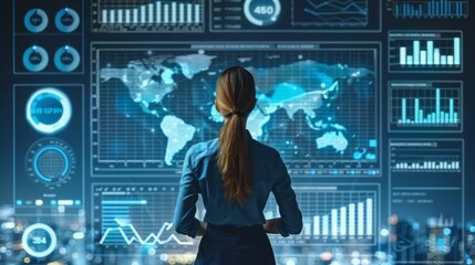 Rear view of a businesswoman analyzing complex data on a futuristic holographic interface with world maps and graphs.