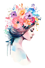 A painted girl with a bouquet of wildflowers instead of hair