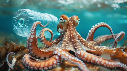 Octopus holding plastic bottle under sea a water pollution concept, Generative AI.