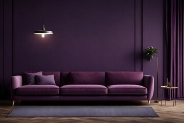 Dark Livingroom with sofa and lamp. Deep dusty purple mauve color - violet accent furniture 
 - obrazy, fototapety, plakaty