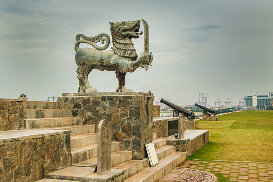 The national flag post with sinhalese lion monument. Colombo, Sri Lanka
